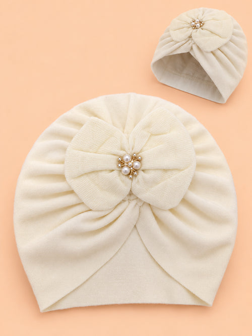 Baby Pearl Bow Detail Beanie (Cream)