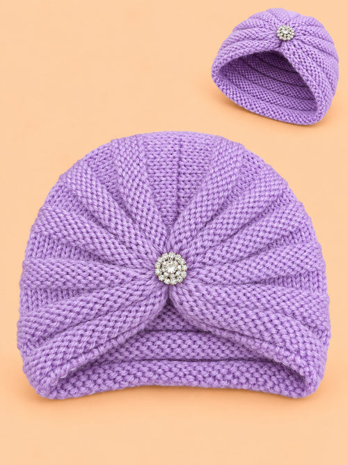 Baby Crochet Knitted Brooch Detail Beanie (Purple)