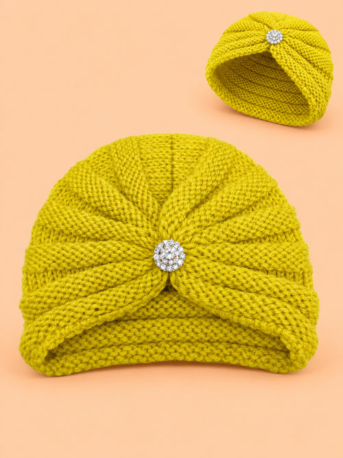 Baby Crochet Knitted Brooch Detail Beanie (Yellow)