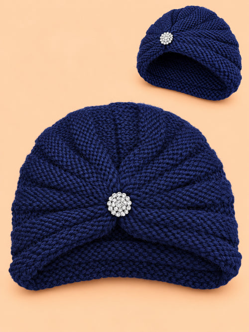 Baby Crochet Knitted Brooch Detail Beanie (Navy)
