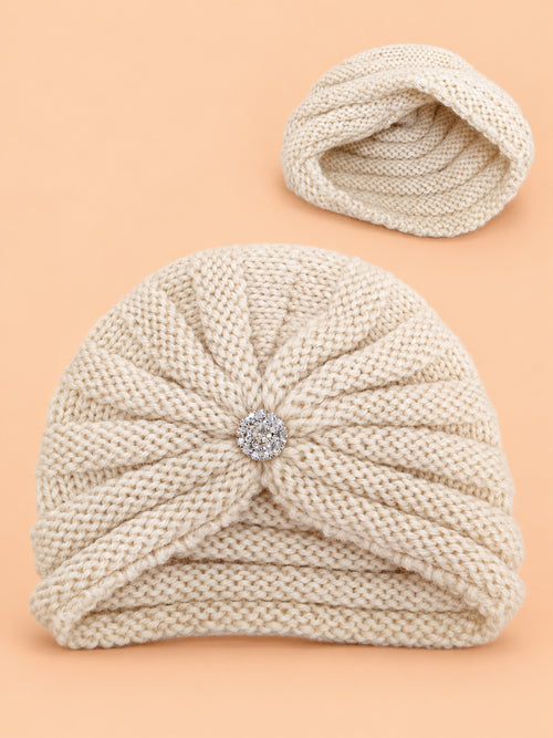 Baby Crochet Knitted Brooch Detail Beanie (Beige)