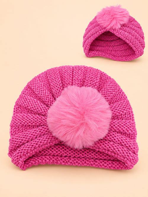 Baby Crochet Knitted Plush Ball Beanie (Fuchsia Pink)