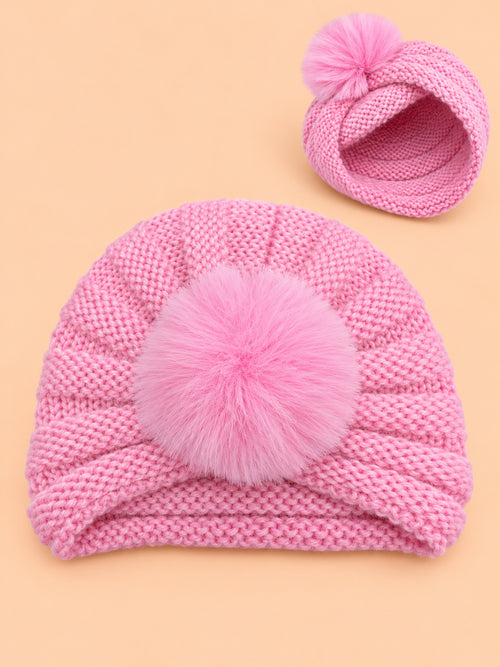 Baby Crochet Knitted Plush Ball Beanie (Baby Pink)