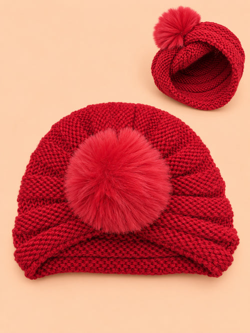 Baby Crochet Knitted Plush Ball Beanie (Red)