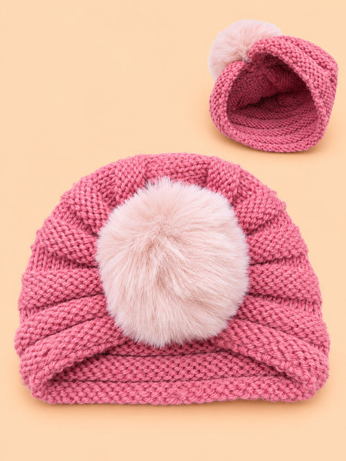 Baby Crochet Knitted Plush Ball Beanie (Dusty Pink)