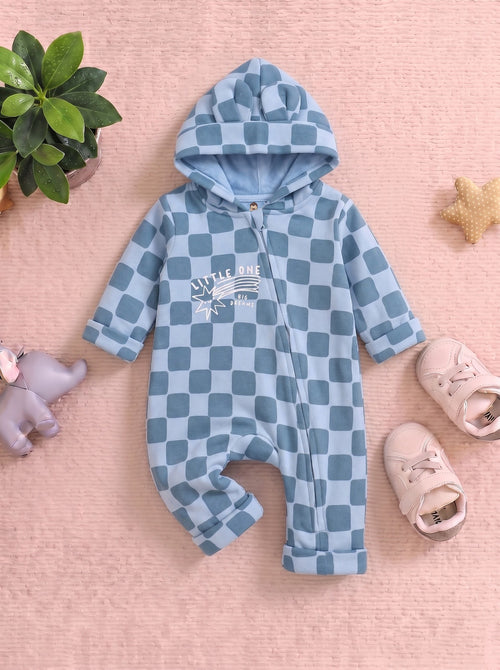 Blue Checkered Printed Fleece Hooded Sleepsuit