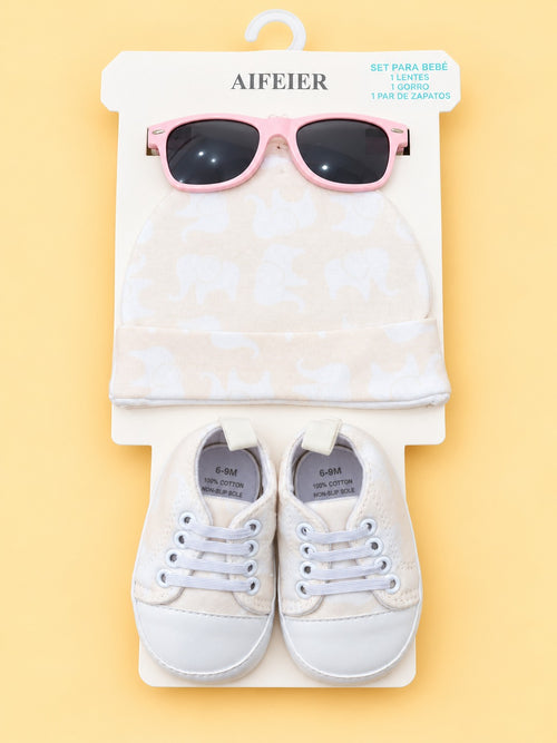 3-Pcs Elephant Printed Baby Sneakers With Cap & Glasses